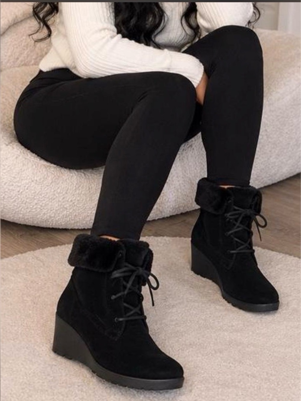 Donald J. Pliner Black Faux-Fur Lace-Up Wedge Ankle Boots